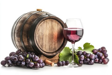 Red wine in glass, wooden barrel, and grapes on white background.