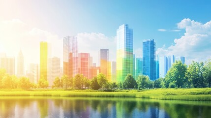 Vibrant city skyline reflecting in serene lake under bright sky