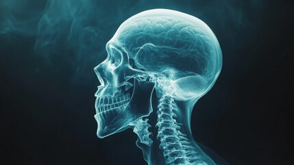 A detailed x-ray image of a human skull in profile, showcasing the structure of the head, jaw, and spine against a dark background.