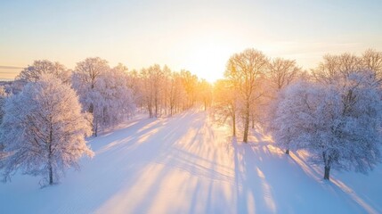 Sunlit winter landscape with snow-covered trees and long shadows at sunrise.