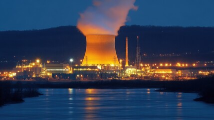 Fototapeta premium Night View of a Nuclear Power Plant Illuminated on the Riverbank Against a Dark Mountain Silhouette.