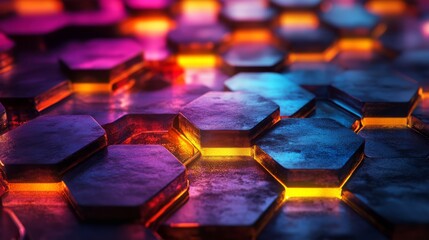 Fototapeta premium Intersecting luminous lines forming a parlaq hexagonal grid in vibrant colors 