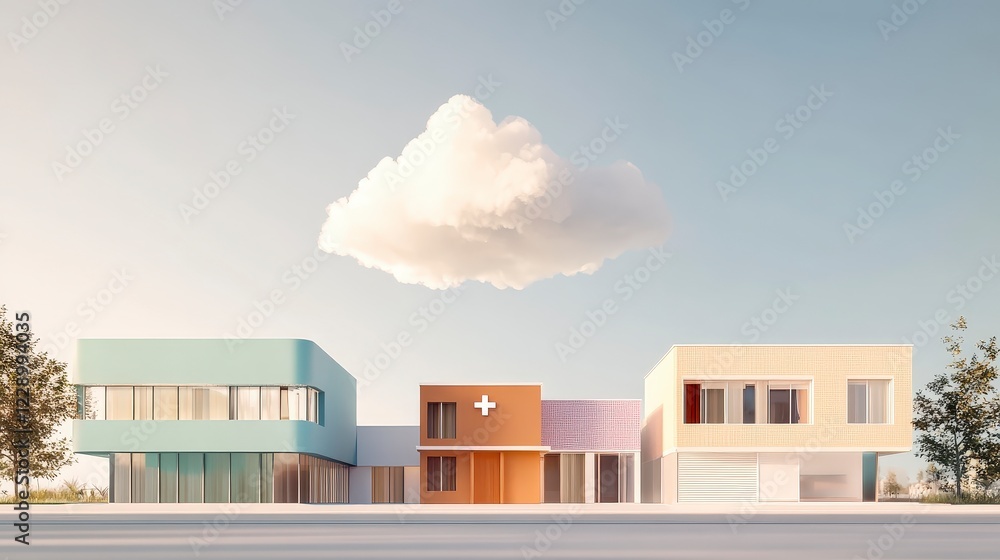 Poster modern architectural design with colorful building and soft cloud