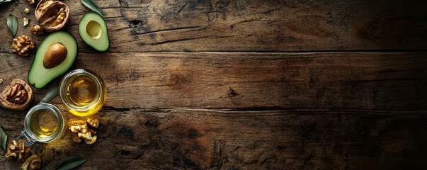 Rustic wooden surface with scattered walnuts and avocado, featuring two glass jars of oil. natural textures and colors create warm, inviting atmosphere