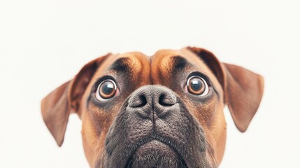 Obraz premium Close-up of a curious brown Boxer dog's face against a white background.