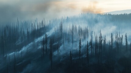 Fototapeta premium Aerial view of wildfire smoke billowing through a scorched forest at sunset.