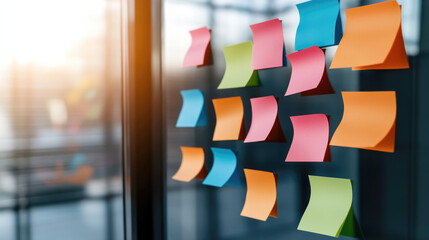Colorful sticky notes on a glass wall for brainstorming sessions