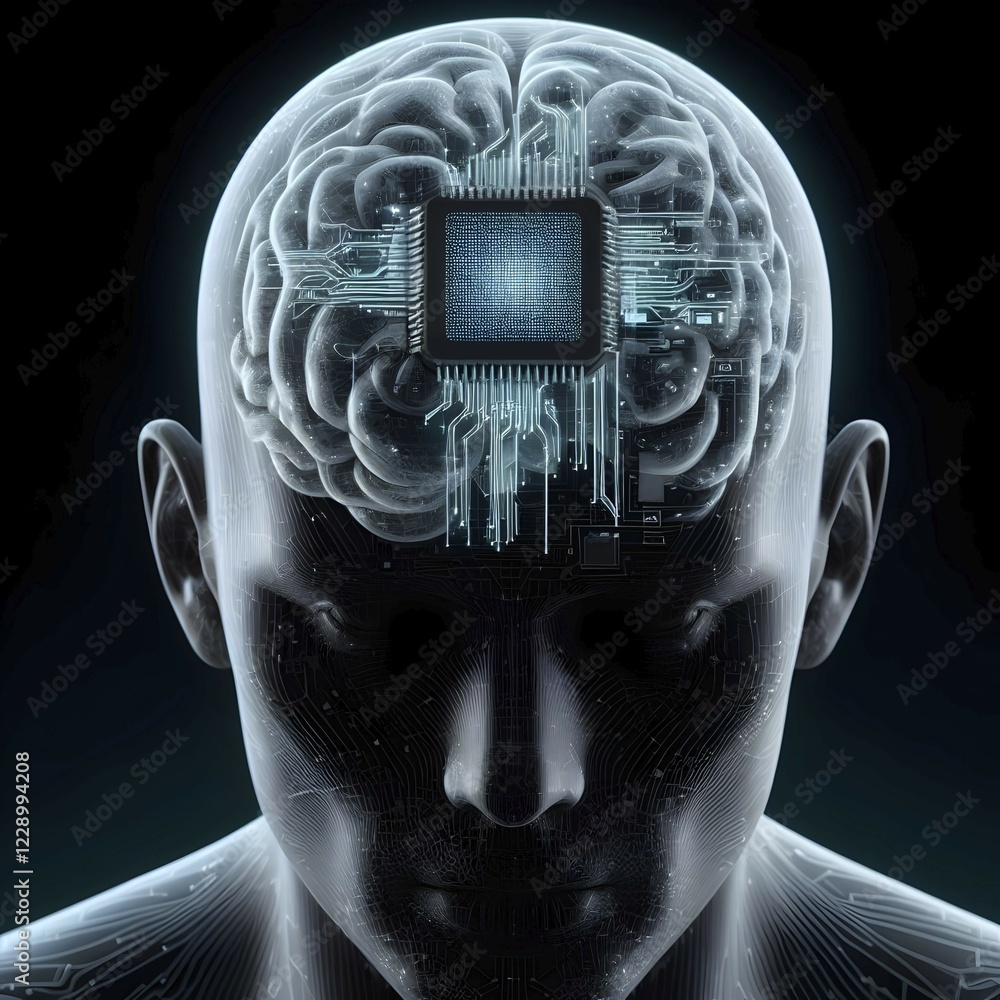 Poster illustration of a human brain connected to a ai microchip processor circuit board and other modern p