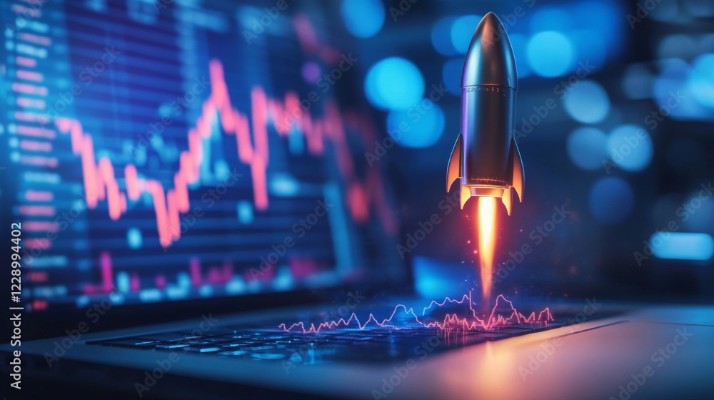 Fototapete a dynamic image of a rocket launching above a laptop screen displaying financial graphs, symbolizing
