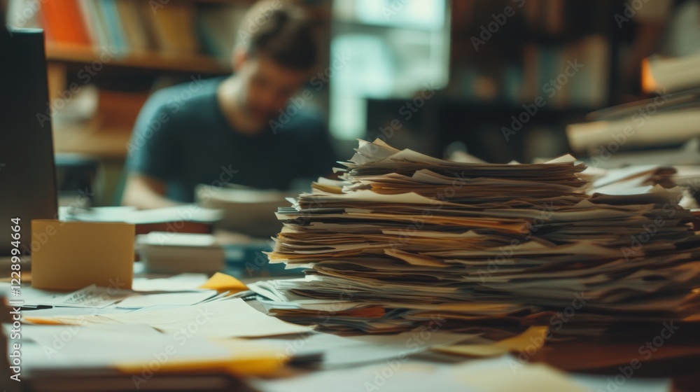 Poster A person is focused on organizing a large stack of papers in a cluttered workspace, surrounded by books and documents.