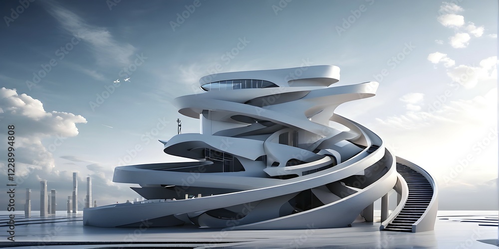 Poster minimalistic grey colored architecture in geometric adorned structures against a surreal backdrop, a