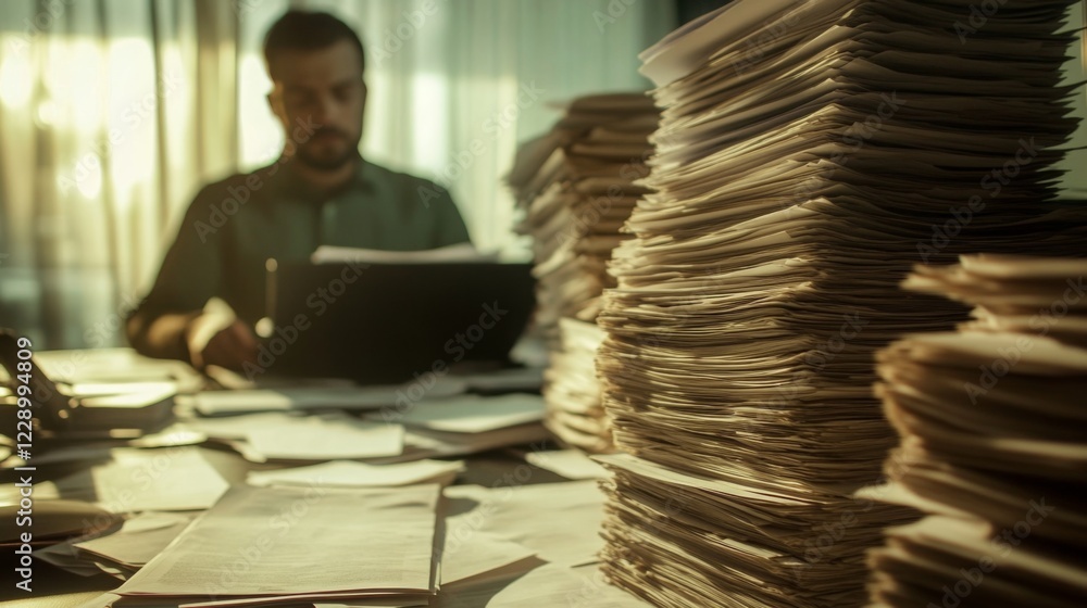 Poster a man sits at a desk surrounded by a clutter of paperwork and files, working diligently in a well-li