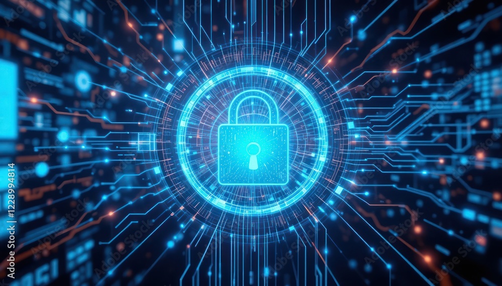 Poster digital security lock glowing in circuit board background