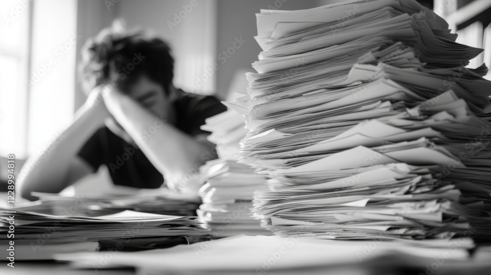 Poster a person appears overwhelmed by a towering stack of papers, indicating stress and the burden of work