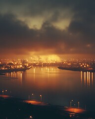 Fototapeta premium Nightfall over Industrial Harbor: A Cityscape Bathed in Orange Hues.