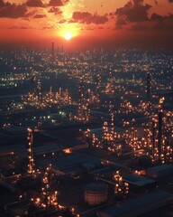 Fototapeta premium Sunset over Industrial Complex: A Panorama of Night Lights and Refinery Towers.