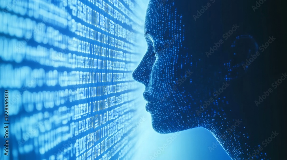 Poster a digital silhouette of a human head is illuminated against a backdrop of binary code, symbolizing t