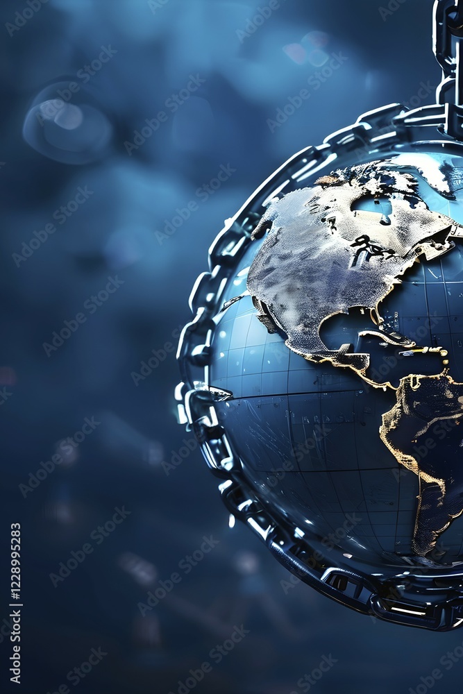 Aufkleber ai generated conceptual digital render showing a globe ensnared and locked by rusting steel chains