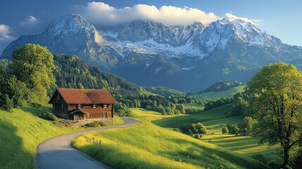 Scenic mountain valley with a house and road.