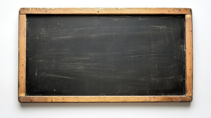 Fototapeta premium Wooden-framed vintage chalkboard with blank black surface, displaying distinctive scratches, ideal for use as a writing space or decorative presentation backdrop.