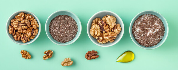 Obraz premium Healthy omega 3 snacks in bowls, including walnuts, chia seeds, and flaxseeds, arranged on mint green background. drizzle of oil adds nutritious touch