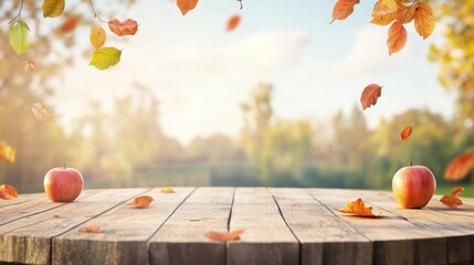 Wooden table with apples and falling autumn leaves in a park.