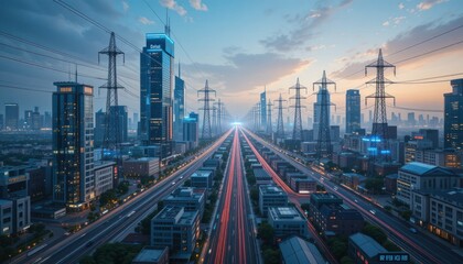 Fototapeta premium City highway sunset, power lines, futuristic cityscape, traffic trails, urban development