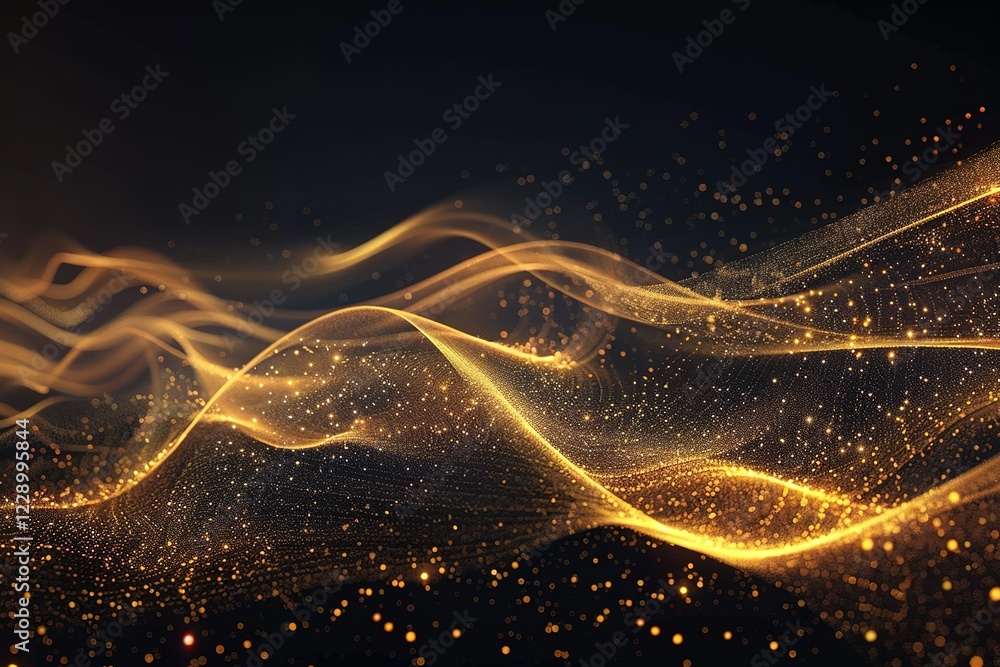Poster abstract gold waves. shiny golden moving lines design element with glitter effect on dark background