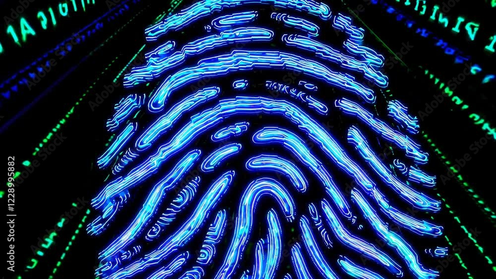 Leinwandbilder Abstract close-up of a glowing fingerprint pattern on a dark digital background, with dynamic light effects and binary code elements.

