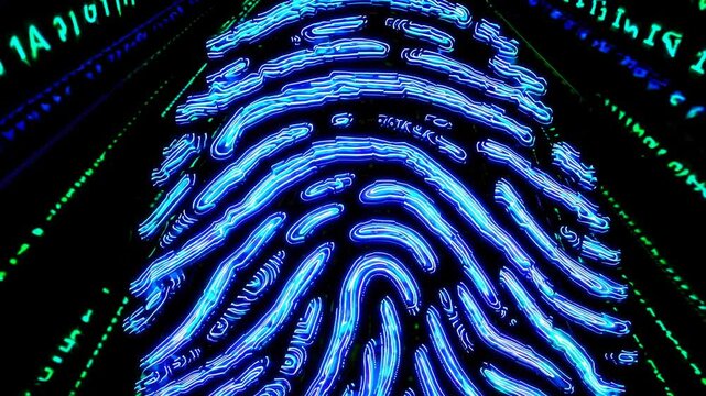 Abstract close-up of a glowing fingerprint pattern on a dark digital background, with dynamic light effects and binary code elements.

