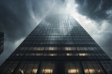 Fototapeta premium Office building with a full glass facade and illuminated windows at a rainy day with heavy clouds, AI generated