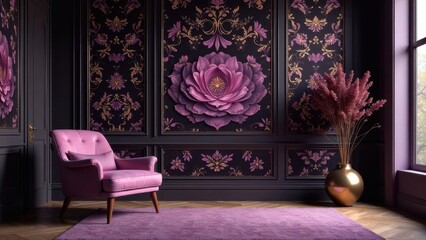 Elegant Purple Armchair in a Room with Dark Paneling and Floral Wallpaper