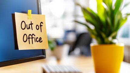 A sticky note with Out of Office on a computer monitor with a plant nearby, illustrating an absence notice in an office or workspace.