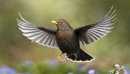 Obraz premium Animal, bird, blackbird, Turdus merula, in flight, AI generated, AI generated