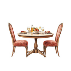 Round Wooden Dining Table Set for Two with Fruit and Wine