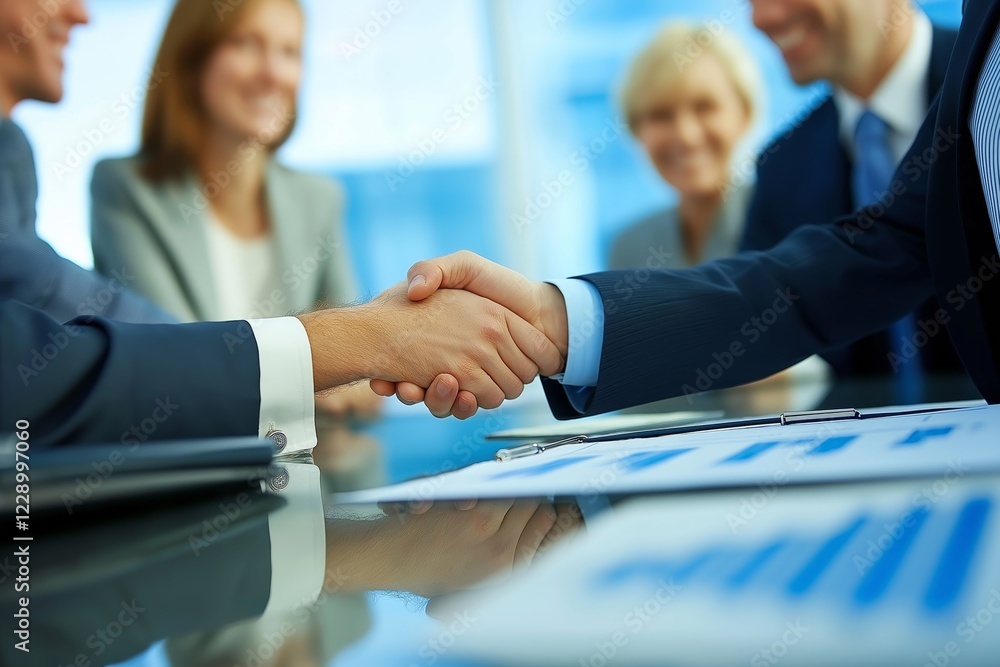 Poster a professional and impactful business meeting characterized by a handshake and effective team collab