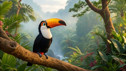 Fototapeta premium Wild toucan with striking orange beak and black feathers sitting on a tree branch in a tropical rainforest filled with dense green plants, blooming flowers, misty atmosphere, and exotic nature element