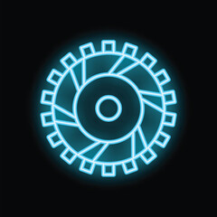 Bright blue neon sign depicting a circular saw blade, radiating light on a dark background