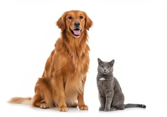 Obraz premium A golden retriever sitting beside a sleek gray cat isolated on a white background
