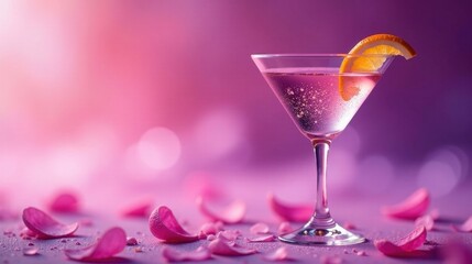 Aromatic Pink Cocktail with Citrus Garnish Resting Amidst Delicate Petals on a Soft Purple Background