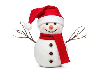 A cheerful snowman wearing a red Santa hat and a matching red scarf with twig arms and a carrot nose isolated on a white background