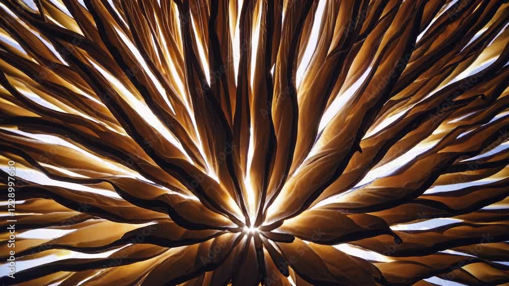 Poster Abstract texture of mushroom gills viewed from below, with dynamic light rays filtering through the delicate layers, creating a hypnotic organic pattern.
