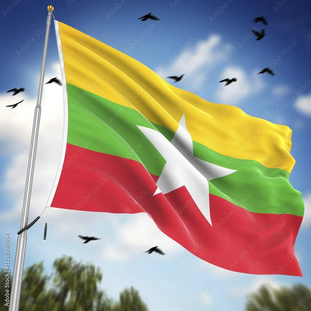 Aufkleber flag of myanmar, this is a computer generated and 3d rendered image