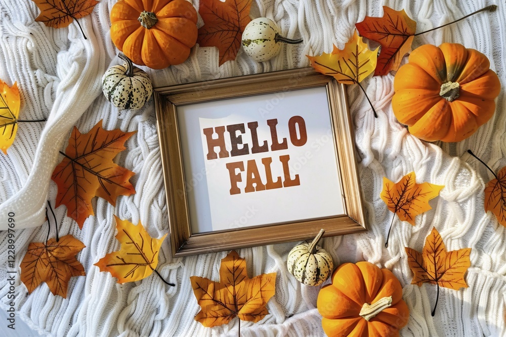 Poster top view of cozy autumn arrangement with picture frame with text 'hell fall', pumpkins and colorful 