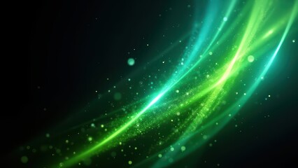 Obraz premium abstract background of flowing green and blue light, with glowing orbs and sparkling dust particles on a black backdrop - Generative AI.