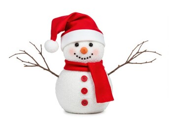 A cheerful snowman wearing a red Santa hat and a matching red scarf with twig arms and a carrot nose isolated on a white background