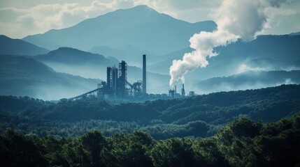 Fototapeta premium Industrial Pollution Amidst Serene Mountains: A Factory's Impact on a Breathtaking Landscape.