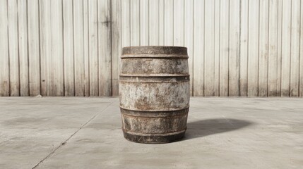 Weathered wooden barrel on concrete floor against wooden wall.