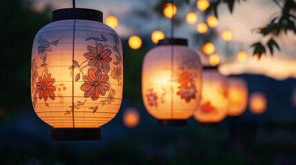 Glowing traditional Japanese lanterns with floral patterns at twilight