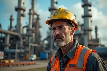 Industrial workers with safety vests and safety helmets looking at a large oil and gas refinery or petrochemical plant.